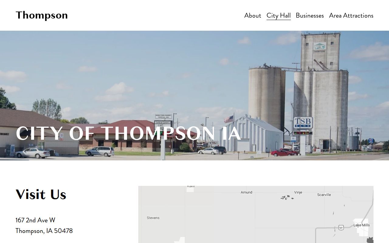Thompson Iowa city contact page for Thompson warrant records routing